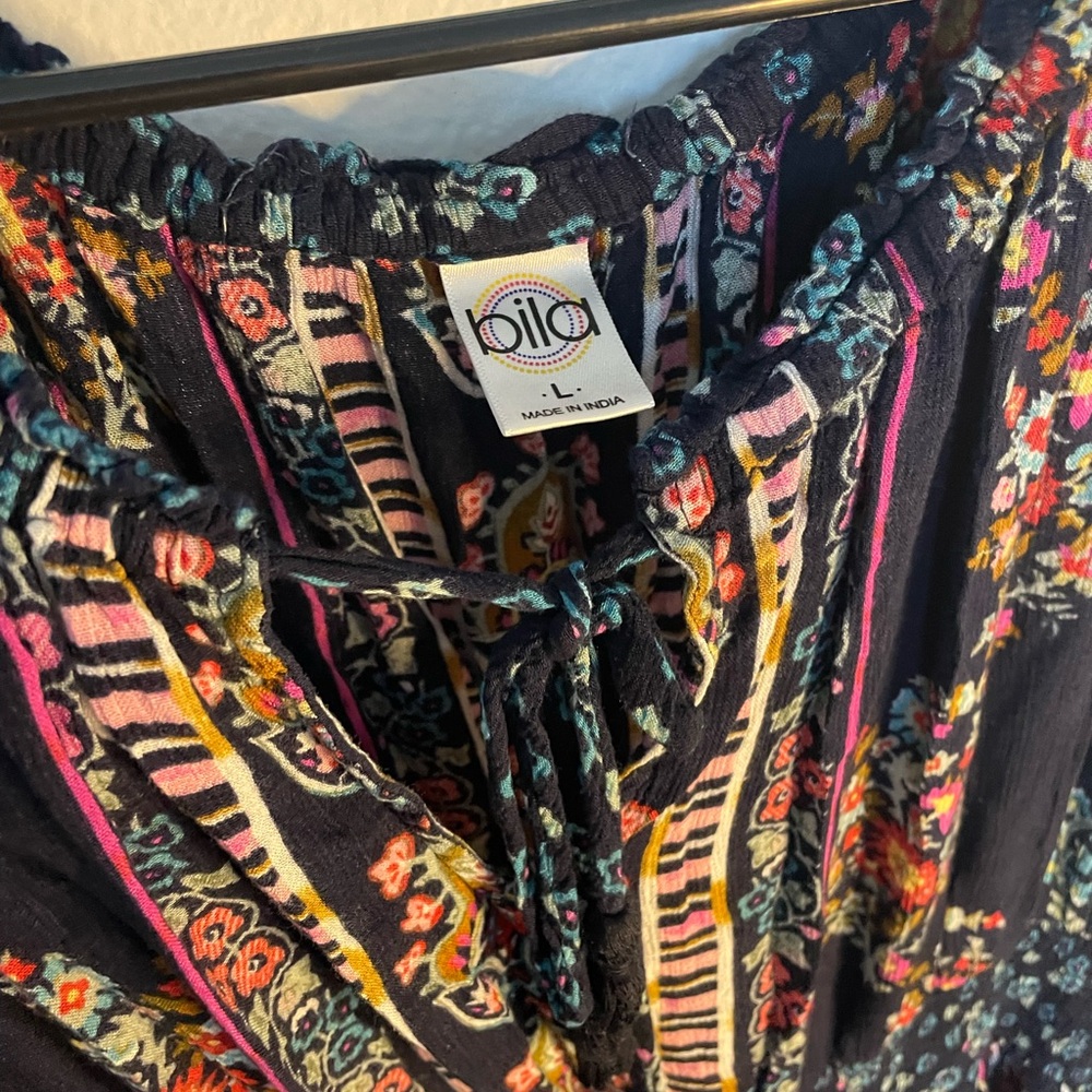 Bila Navy Blue Floral Stripe Tie-Neck Boho Blouse with Pink and Teal Accents